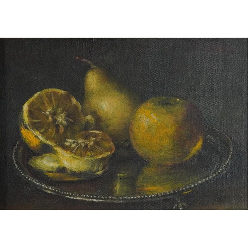 1378 - Still life fruit and vessels, three oil on boards, signed F Collins, T H Walker and V A Gray, each f... 