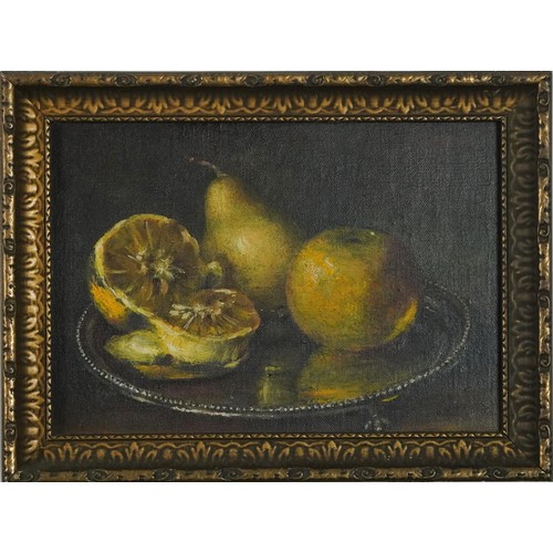 1378 - Still life fruit and vessels, three oil on boards, signed F Collins, T H Walker and V A Gray, each f... 