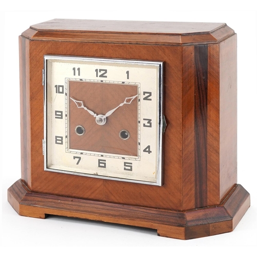 441 - Art Deco walnut and rosewood mantle clock with square dial and silvered chapter ring having Arabic n... 