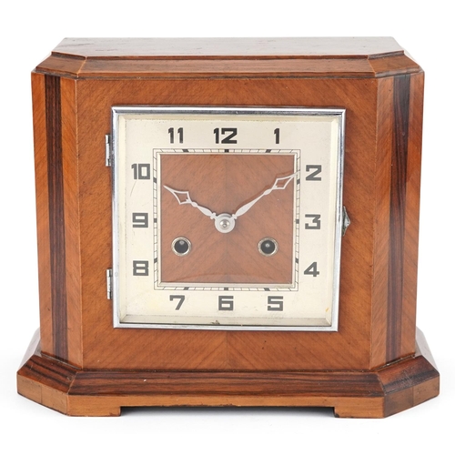 441 - Art Deco walnut and rosewood mantle clock with square dial and silvered chapter ring having Arabic n... 