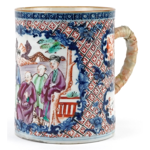 165 - Chinese Mandarin porcelain tankard hand painted in the famille rose palette with figures in a palace... 