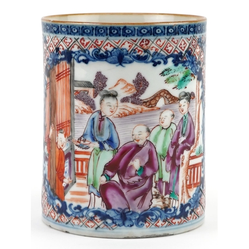 165 - Chinese Mandarin porcelain tankard hand painted in the famille rose palette with figures in a palace... 