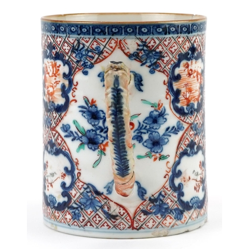 165 - Chinese Mandarin porcelain tankard hand painted in the famille rose palette with figures in a palace... 