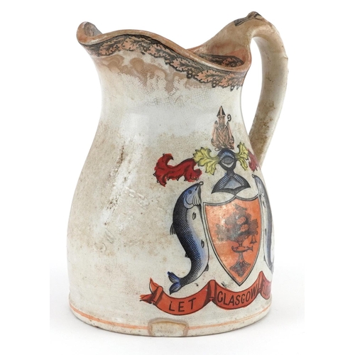 126 - Victorian masonic interest ironstone jug with crest inscribed Let Glasgow Flourish, 19cm high