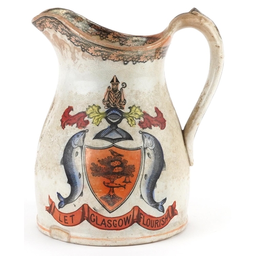 126 - Victorian masonic interest ironstone jug with crest inscribed Let Glasgow Flourish, 19cm high