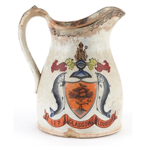 126 - Victorian masonic interest ironstone jug with crest inscribed Let Glasgow Flourish, 19cm high