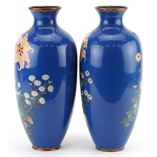 81 - Large pair of Japanese cloisonne vases enamelled with birds amongst flowers, 31cm high