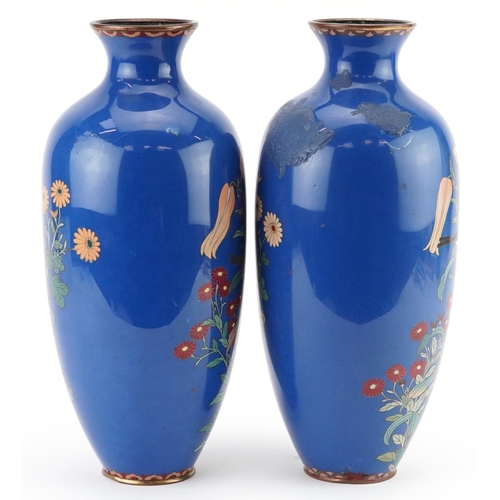 81 - Large pair of Japanese cloisonne vases enamelled with birds amongst flowers, 31cm high