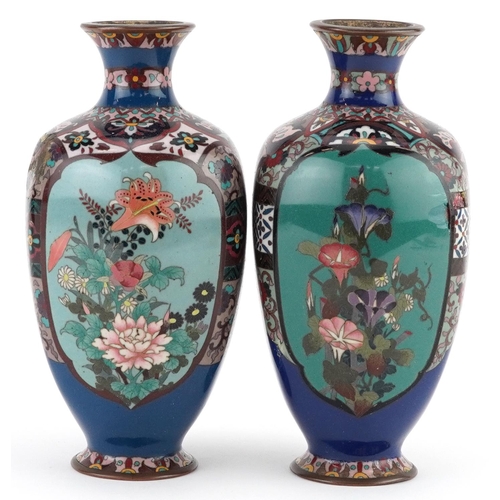 167 - Matched Pair of Japanese cloisonne vases with hexagonal bodies enamelled with panels of flowers, eac... 