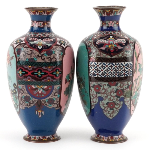 167 - Matched Pair of Japanese cloisonne vases with hexagonal bodies enamelled with panels of flowers, eac... 