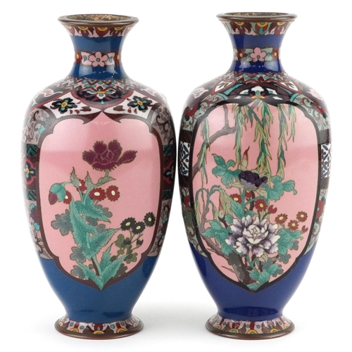 167 - Matched Pair of Japanese cloisonne vases with hexagonal bodies enamelled with panels of flowers, eac... 