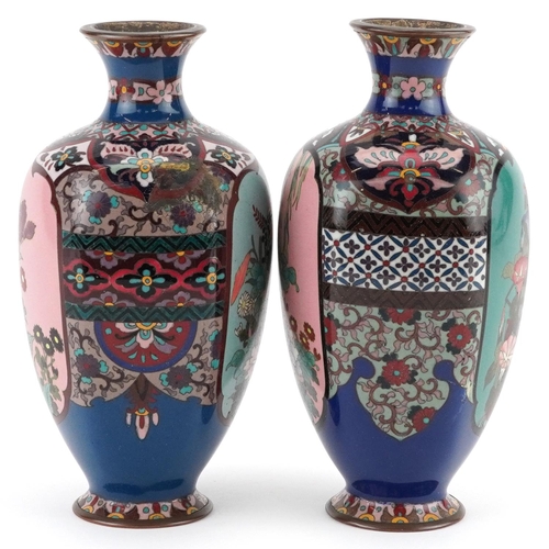 167 - Matched Pair of Japanese cloisonne vases with hexagonal bodies enamelled with panels of flowers, eac... 