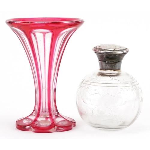 129 - Bohemian ruby flashed cut glass vase and a silver topped scent bottle acid etched with flowers, 14.5... 