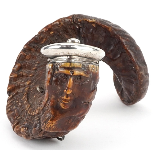 177 - Antique horn table snuff mull carved with a face having silver mounts, indistinct hallmarks to the m... 