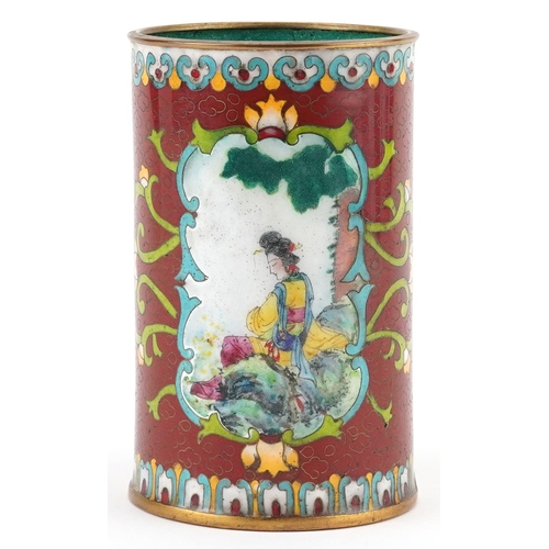 168 - Japanese cloisonne cylindrical vase enamelled with flowers, hand painted with panels of Geisha in a ... 