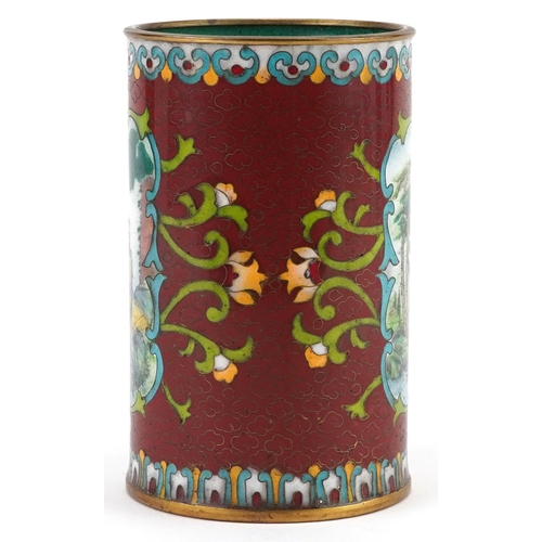 168 - Japanese cloisonne cylindrical vase enamelled with flowers, hand painted with panels of Geisha in a ... 