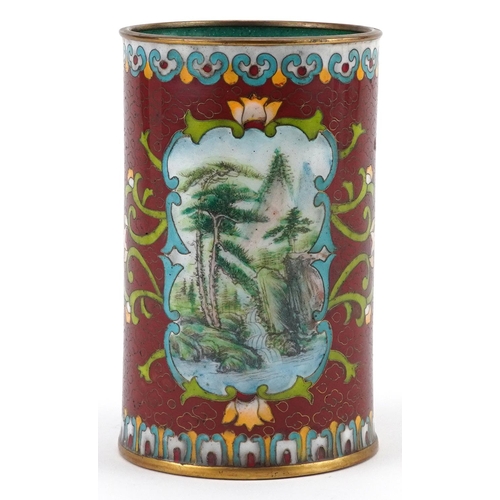 168 - Japanese cloisonne cylindrical vase enamelled with flowers, hand painted with panels of Geisha in a ... 