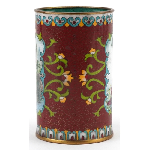 168 - Japanese cloisonne cylindrical vase enamelled with flowers, hand painted with panels of Geisha in a ... 