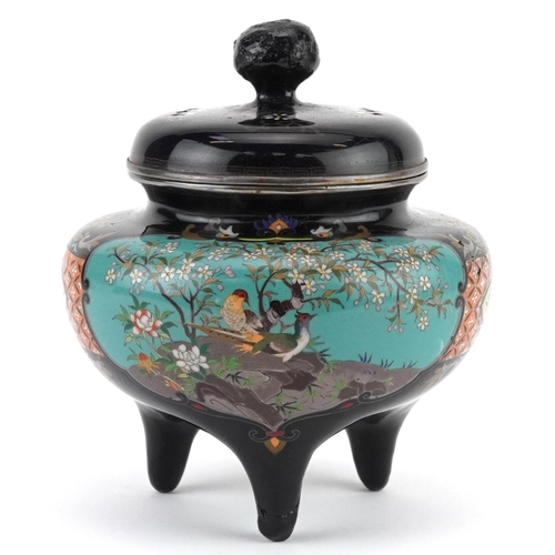 166 - Japanese cloisonne tripod censer with silver mounts, finely enamelled with panels of birds amongst f... 