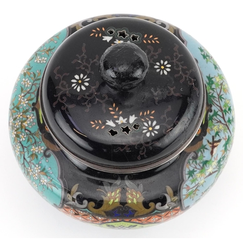 166 - Japanese cloisonne tripod censer with silver mounts, finely enamelled with panels of birds amongst f... 