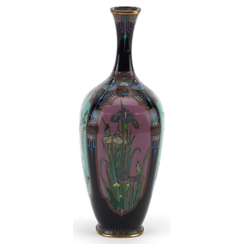 18 - Japanese cloisonne vase enamelled with panels of birds and flowers, 15.5cm high