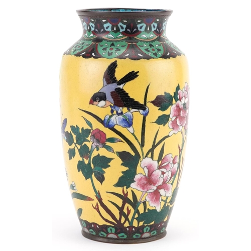 169 - Japanese yellow ground cloisonne vase enamelled with a bird amongst flowers, 24.5cm high