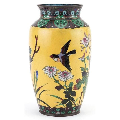 169 - Japanese yellow ground cloisonne vase enamelled with a bird amongst flowers, 24.5cm high