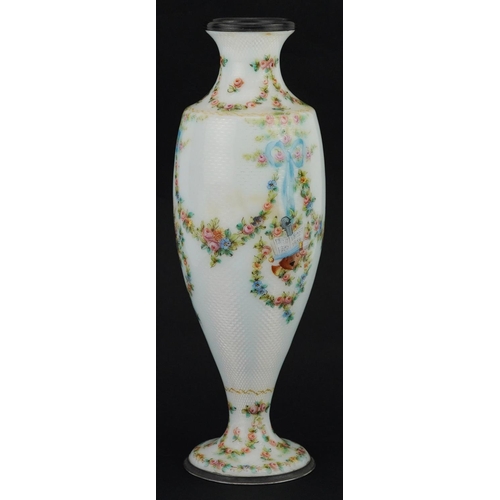 61 - 19th century French silver and white guilloche enamel vase finely hand painted with swags, ribbons a... 