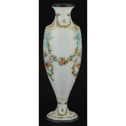 61 - 19th century French silver and white guilloche enamel vase finely hand painted with swags, ribbons a... 