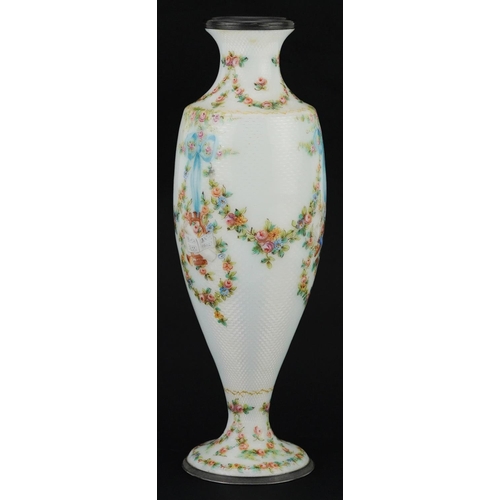 61 - 19th century French silver and white guilloche enamel vase finely hand painted with swags, ribbons a... 