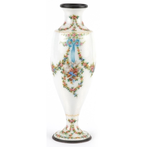 61 - 19th century French silver and white guilloche enamel vase finely hand painted with swags, ribbons a... 