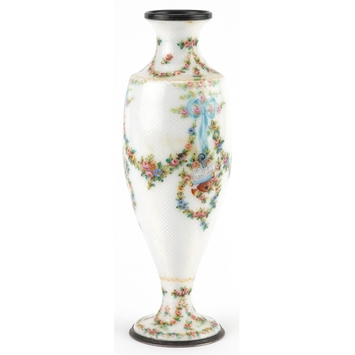 61 - 19th century French silver and white guilloche enamel vase finely hand painted with swags, ribbons a... 