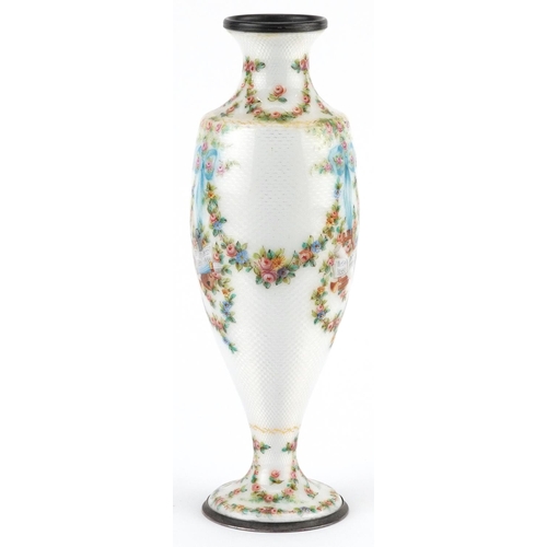 61 - 19th century French silver and white guilloche enamel vase finely hand painted with swags, ribbons a... 