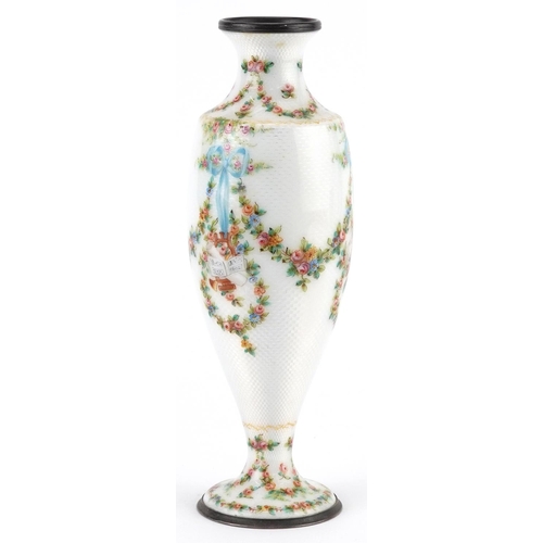 61 - 19th century French silver and white guilloche enamel vase finely hand painted with swags, ribbons a... 