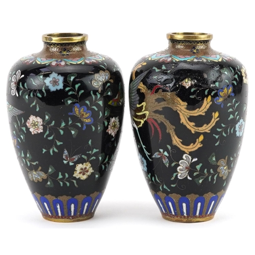 21 - Pair of Japanese cloisonne vases, each enamelled with a mythical bird amongst flowers, each 9cm high