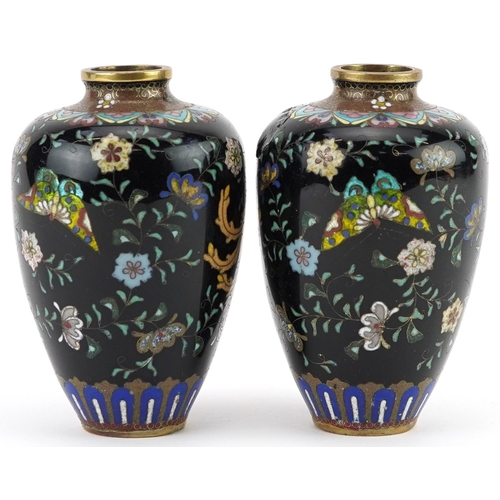 21 - Pair of Japanese cloisonne vases, each enamelled with a mythical bird amongst flowers, each 9cm high