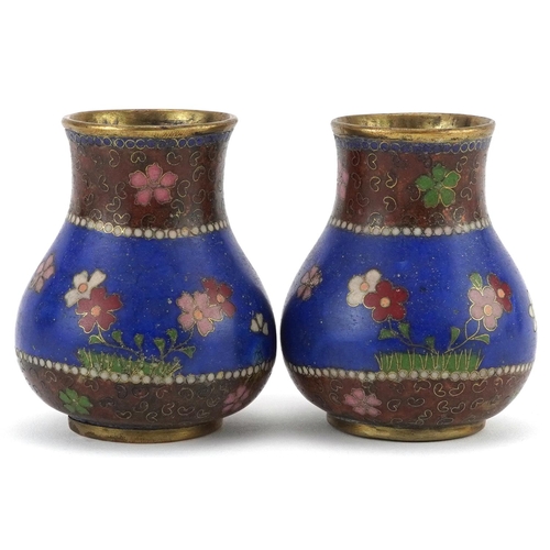 288 - Pair of Japanese cloisonne vases enamelled with flowers, each 7.5cm high