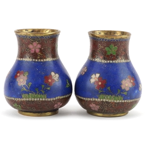 288 - Pair of Japanese cloisonne vases enamelled with flowers, each 7.5cm high