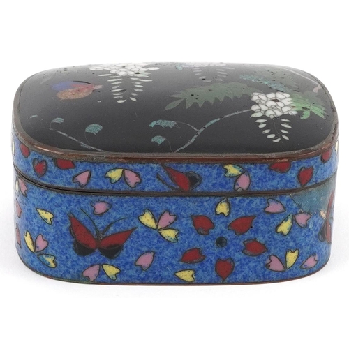 287 - Japanese cloisonne box and cover enamelled with butterflies amongst flowers, 7.5cm wide