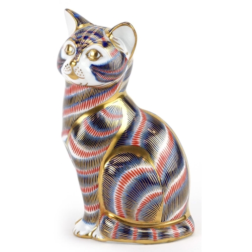 1138 - Royal Crown Derby paperweight in the form of a cat with gold coloured stopper, 12.5cm high