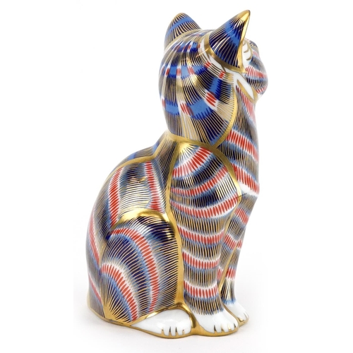 1138 - Royal Crown Derby paperweight in the form of a cat with gold coloured stopper, 12.5cm high