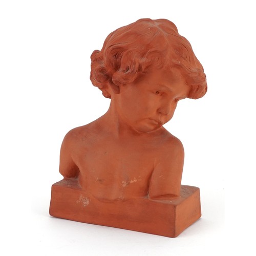 346 - Mid century style terracotta bust of a young child incised J Camus to the reverse, 22.5cm high