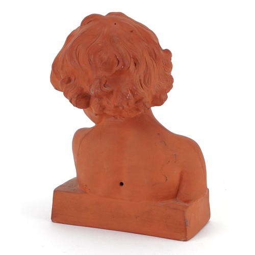 346 - Mid century style terracotta bust of a young child incised J Camus to the reverse, 22.5cm high