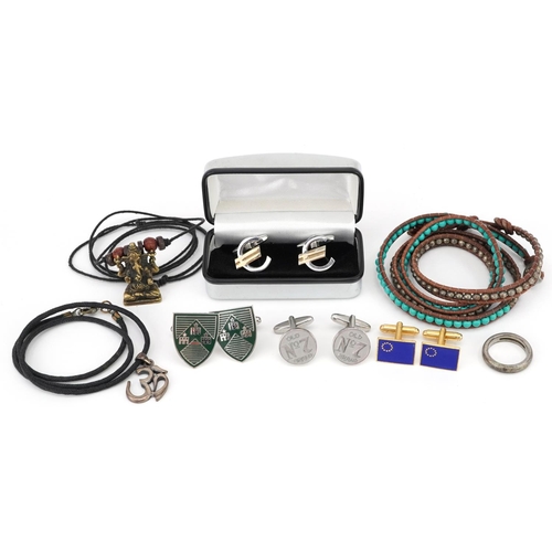 2769 - Vintage and later jewellery including Ganesha pendant, enamel cufflinks and leather bead necklace