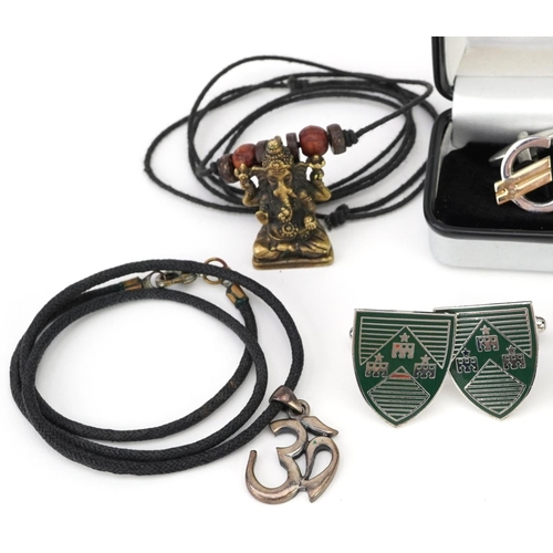 2769 - Vintage and later jewellery including Ganesha pendant, enamel cufflinks and leather bead necklace