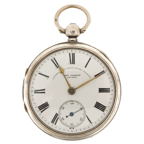 2174 - John Forest, Victorian gentlemen's silver key wind open face pocket watch having enamelled and subsi... 