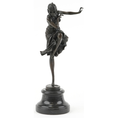 492 - After Dimitri H Chiparus, patinated bronze statuette of an Art Deco female raised on a circular blac... 