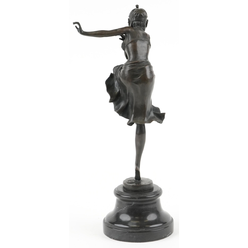 492 - After Dimitri H Chiparus, patinated bronze statuette of an Art Deco female raised on a circular blac... 