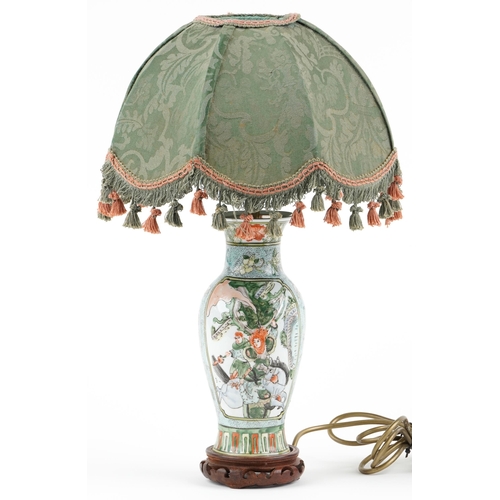 506 - Chinese porcelain baluster vase table lamp with shade hand painted in the famille verte palette with... 