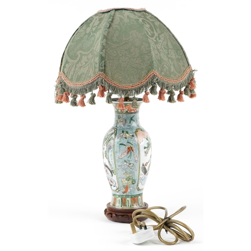 506 - Chinese porcelain baluster vase table lamp with shade hand painted in the famille verte palette with... 